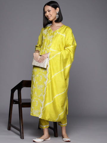 Lime Green Embroidered Kurta Paired With Tonal Bottom And Dupatta